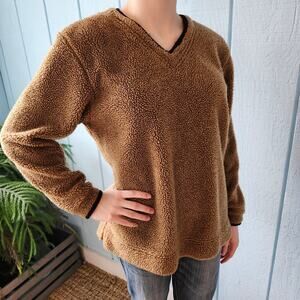 Vintage L. L. Bean Sherpa Fleece Antique Gold Pullover Brown V-Neck Top Popover